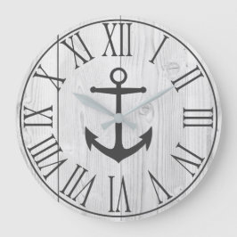 Elegantes nautisches Imitat Weißholz & Graue Anker Große Wanduhr