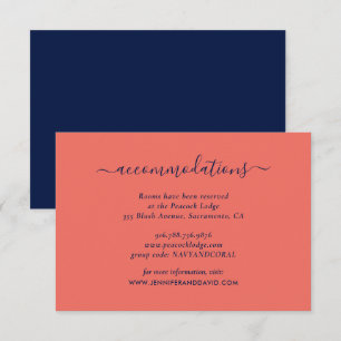 Elegantes Navy and Coral Wedding Hotel Unterkunft Begleitkarte