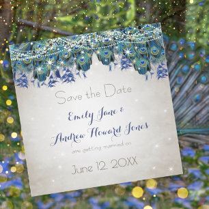 Elegantes Navy Blau Aqua Pfauenfedern-Typografie Magneteinladung
