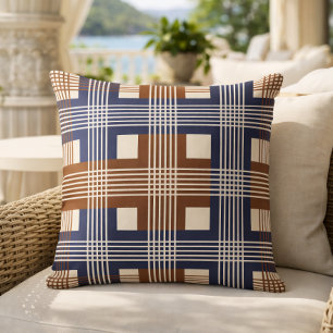 Elegantes Navy-Blau-Braun-Geometrisches Karo Kissen