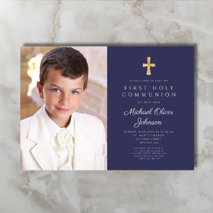 Elegantes Navy Blau Foto Junge Erste Kommunion Einladung