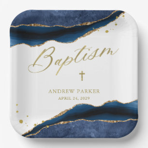Elegantes Navy Blau Geode mit Goldkreuz Taufe Pappteller