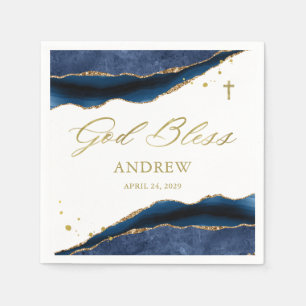 Elegantes Navy-Blau-Geode mit Goldkreuz Taufe Serviette