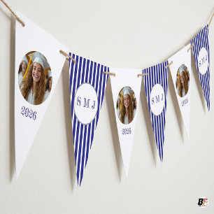 Elegantes Navy Blau gestreiftes Monogramm & indivi Wimpelkette