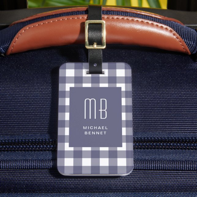 Elegantes Navy Blau Gingham Monogramm Gepäckanhänger (Vorderseite Insitu 2)