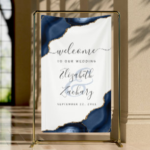 Elegantes Navy Blau Gold Achat Hochzeits Willkomme Banner
