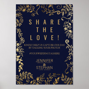 Elegantes Navy-Blau-Gold-Blumen-Social-Media-Foto Poster