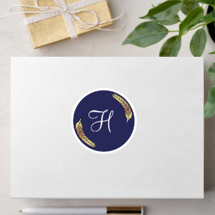 Elegantes Navy Blau & Gold Monogramm (Personalisie Runder Aufkleber