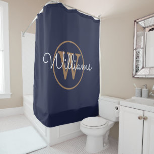 Elegantes Navy Blau Gold Monogramm Schriftname Duschvorhang