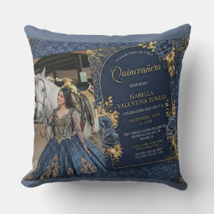 Elegantes Navy Blau & Gold Quinceañera Foto Kissen