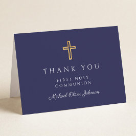 Elegantes Navy Blau Jungen Erstkommunion Dankeskarte