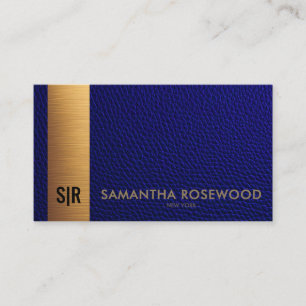 Elegantes Navy-Blau-Leder & Gold-Balken-Monogramm Visitenkarte