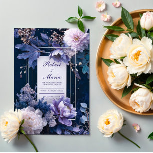 Elegantes Navy Blau Lila Weiß Florales Hochzeit Einladung
