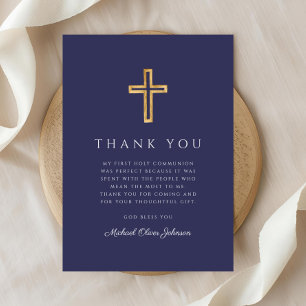 Elegantes Navy-Blau religiöses Kreuz Erste Kommuni Dankeskarte