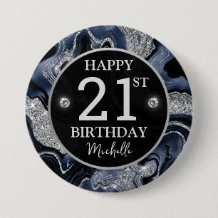 Elegantes Navy Blau & Silber Glitter Agate Geburts Button