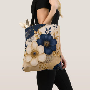Elegantes Navy Blau- und Gold-Botanik-Blumenmuster Tasche