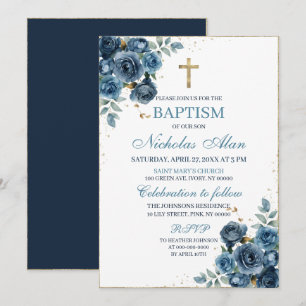 Elegantes Navy Blau und Gold Florales Tauf- Einladung