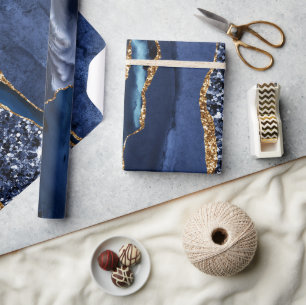 Elegantes Navy Blau und Gold Glitter-Ozean-Achat Geschenkpapier