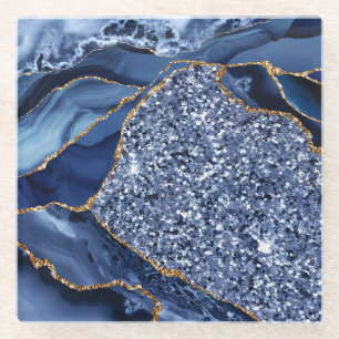 Elegantes Navy Blau und Gold Glitter-Ozean-Achat Glasuntersetzer