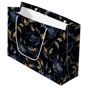Elegantes Navy Blau und Gold Rose Blumenmuster Große Geschenktüte