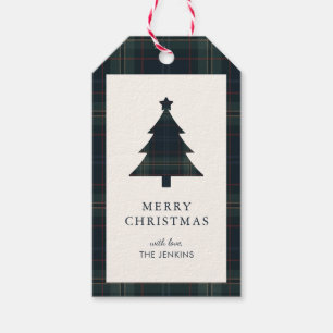 Elegantes Navy Blau und Grün kariertes Weihnachtsm Geschenkanhänger