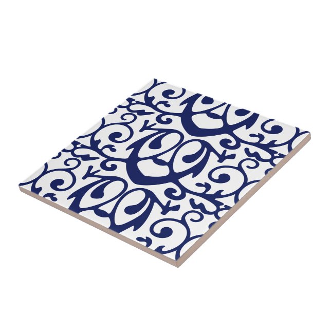 Elegantes Navy Blau und Weißes Muster Keramik Flie Fliese (Seite)