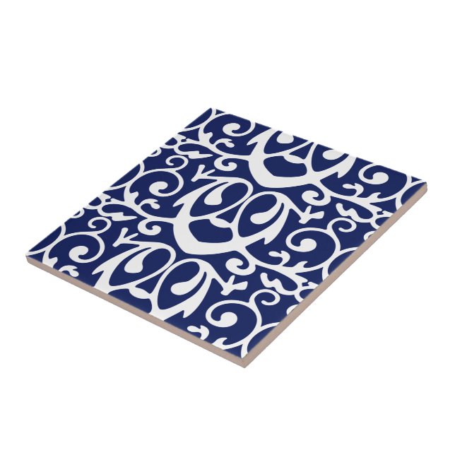 Elegantes Navy Blau und Weißes Muster Keramik Flie Fliese (Seite)
