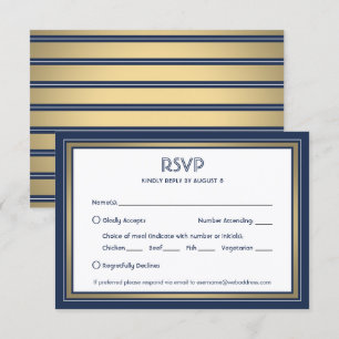 Elegantes Navy Blau Weiß & Gold mit Menüoptionen RSVP Karte