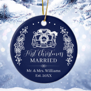 Elegantes Navy-Blaues Erstes Weihnachten Verheirat Keramik Ornament