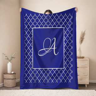 Elegantes Navy Blaues Marokkanisches Damast-Monogr Fleecedecke