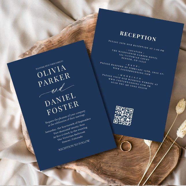 Elegantes Navy Blue All in One QR Code Wedding Einladung (Von Creator hochgeladen)