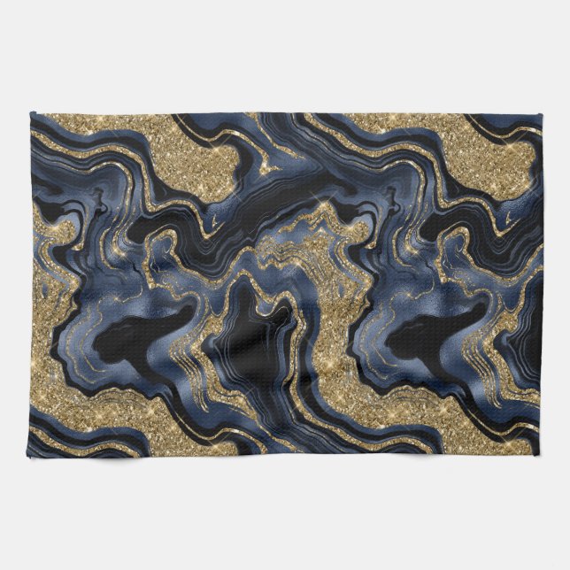 Elegantes Navy Blue and Gold Glitzer Agate Pattern Geschirrtuch (Horizontal)