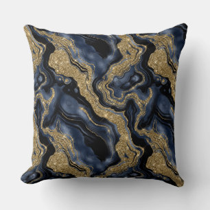 Elegantes Navy Blue and Gold Glitzer Agate Pattern Kissen