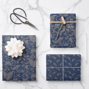 Elegantes Navy Blue and Gold Muster Geschenkpapier Set