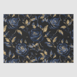 Elegantes Navy Blue and Gold Rose Blumenmuster Seidenpapier