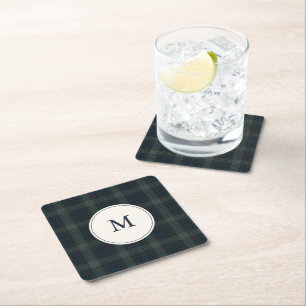 Elegantes Navy Blue and Green Kariert Monogram Rechteckiger Pappuntersetzer