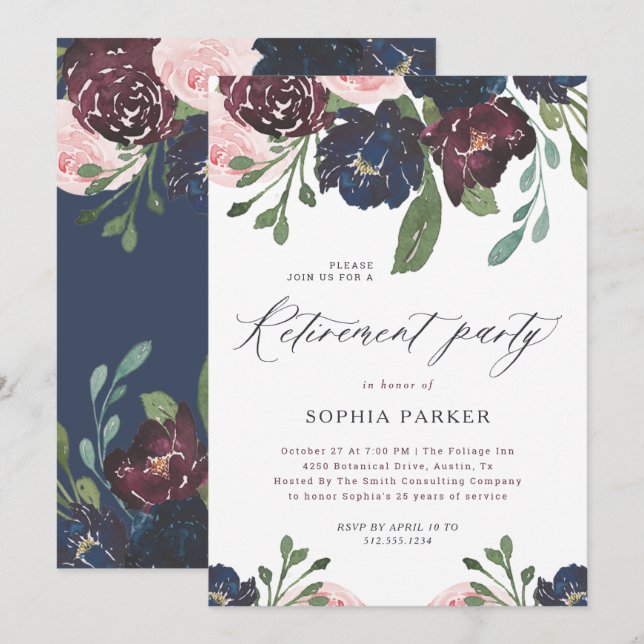 Elegantes Navy Blue and Plum Floral Retirement Par Einladung (Vorne/Hinten)