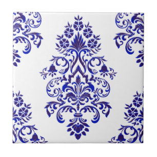 Elegantes Navy Blue and White Damask Muster   Fliese