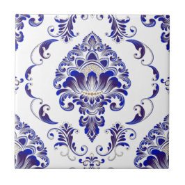 Elegantes Navy Blue and White Damask Muster Fliese