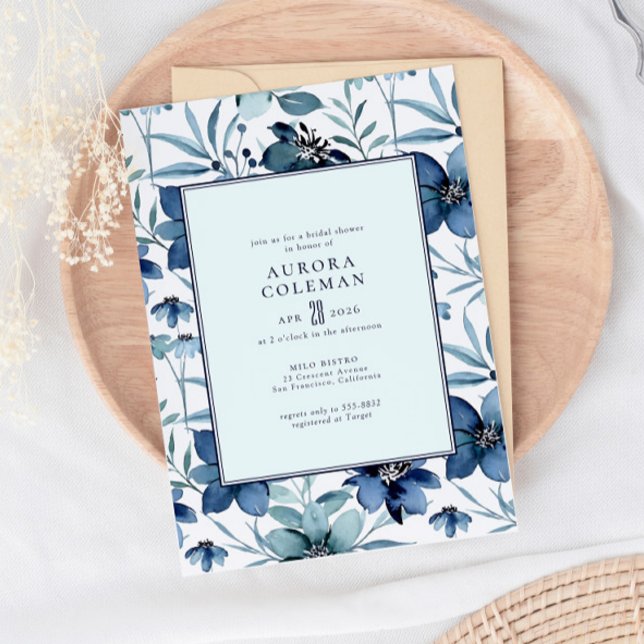 Elegantes Navy Blue Aquamarin Floral Brautparty Einladung (Von Creator hochgeladen)