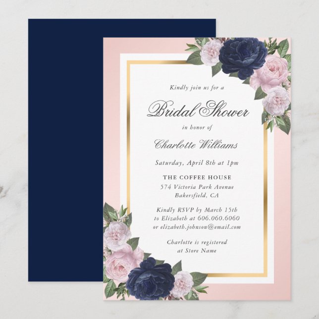 Elegantes Navy Blue Blush Blues Brautparty Einladung (Vorne/Hinten)