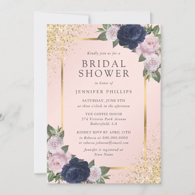 Elegantes Navy Blue Blush Gold Floral Brautparty Einladung (Vorderseite)
