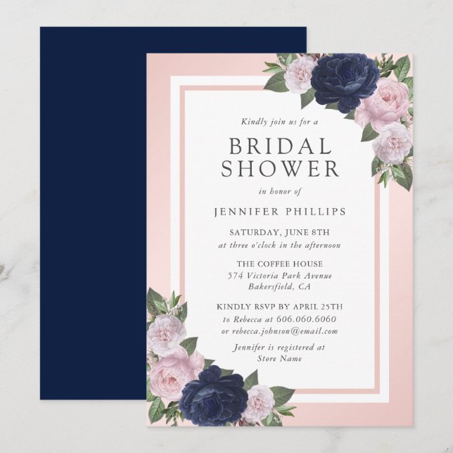 Elegantes Navy Blue Blush Pink Floral Brautparty Einladung (Vorne/Hinten)