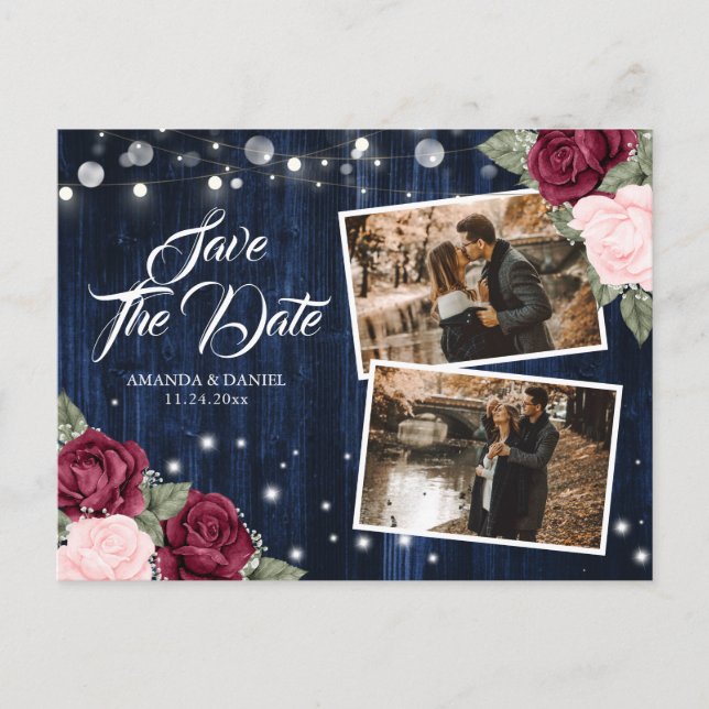 Elegantes Navy Blue Burgundy Blush Wedding Foto Ankündigungspostkarte (Vorderseite)