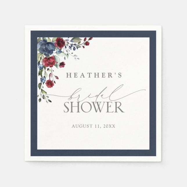 Elegantes Navy Blue Burgundy Floral Brautparty Serviette (Vorderseite)