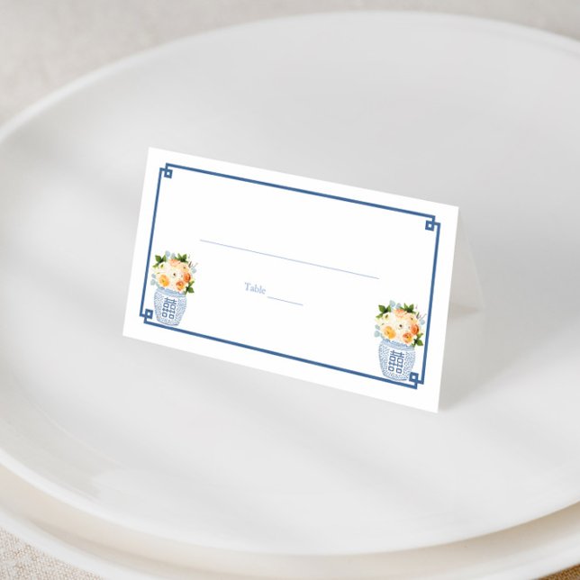 Elegantes Navy Blue Burnt Orange Hochzeit im Herbs Platzkarte (Fall flowers in blue and white ginger jar wedding shower place cards)