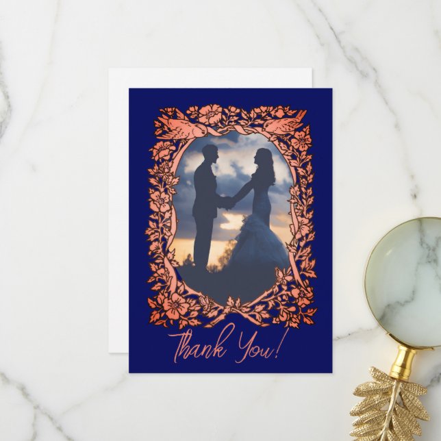 Elegantes Navy Blue Copper Rose Gold Wedding Foto Dankeskarte (Vorderseite/Rückseite Beispiel)