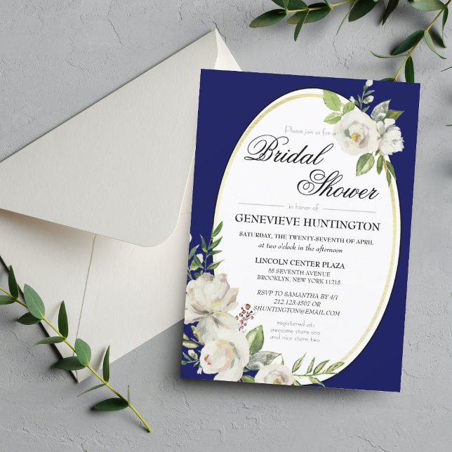 Elegantes Navy Blue Floral Gold Brautparty Einladung (Elegant Blue White Rose Bridal Shower Invitation
)