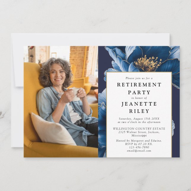 Elegantes Navy Blue Floral Retirement Party Foto Einladung (Vorderseite)
