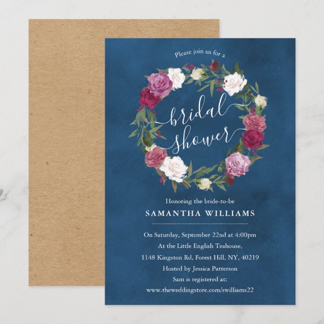 Elegantes Navy Blue Floral Wreath Brautparty Einladung (Vorne/Hinten)